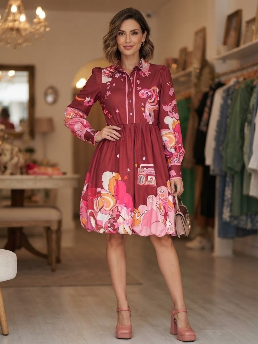 KAIMILAN plum-colored bubble-style dress